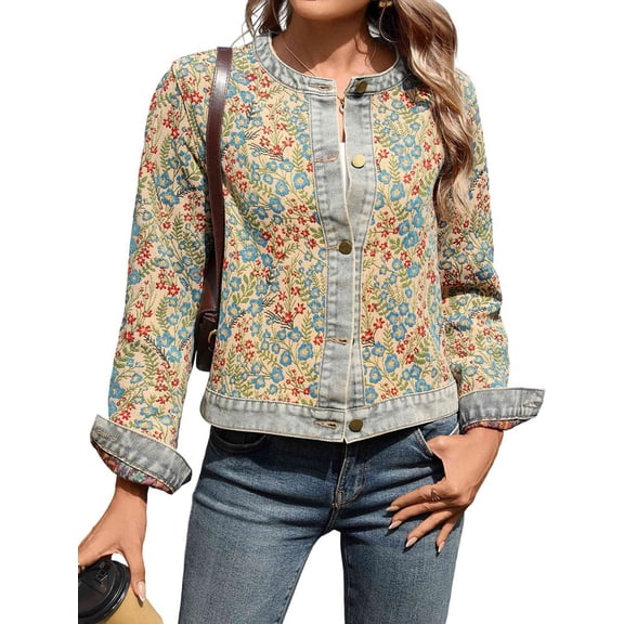 Women'S Sweet Crew Neck Long Sleeve Jacquard Denim Jacket As Shown XL