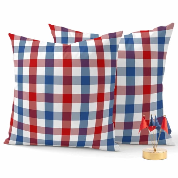 2 Pack Outdoor Waterproof Throw Pillow Covers,Vintage Red Blue White Checker Decorative Square Patio Pillowcases for Chair Couch Sofa 16x16in