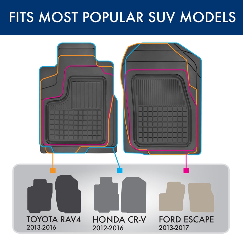 BDK Performance Plus Rubber Car Floor Mats - Heavy Duty Semi-Custom Fit (Black) - All Weather Protection Mat