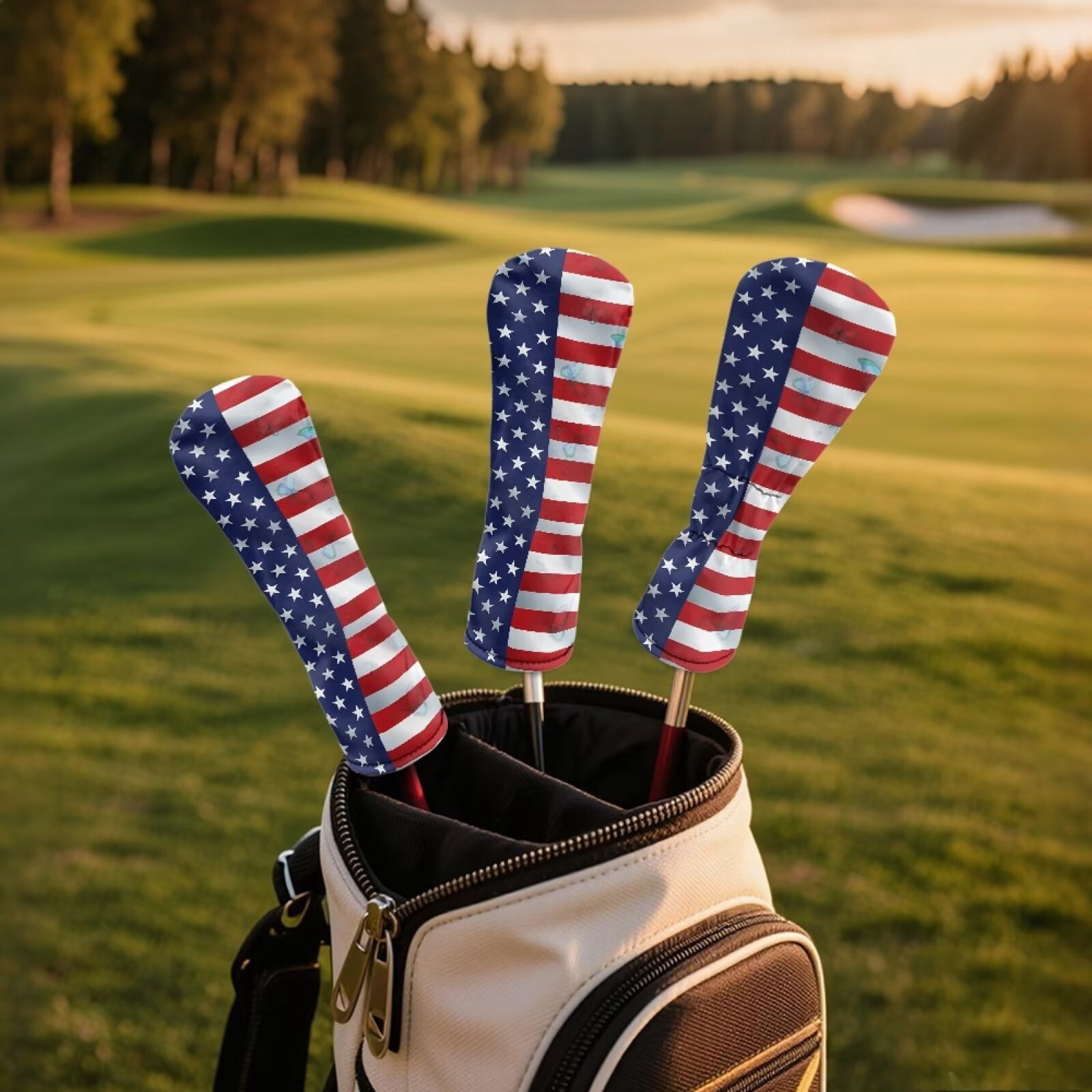 Uorisanigo Golf Club Head Covers for Woods and Drivers - Premium PU Leather American Flag Print Golf Headcovers - 3 Piece Set for Men and Women, Waterproof & Durable