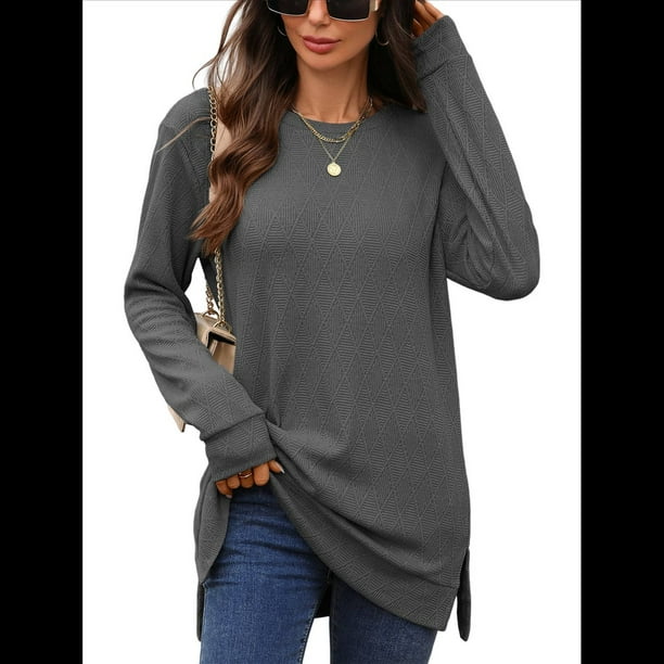 Camiseta Holgada de Larga con Cuello Redondo y Estampado Geométrico de Jacquard para Mujer, Ropa de Invierno 2025 Gris Oscuro L