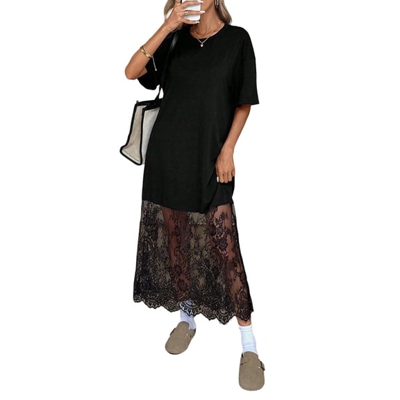 Women's Short Sleeve Lace Patchwork Maxi Dress Summer Crew Neck Casual Long Dresses Black - In Stock S