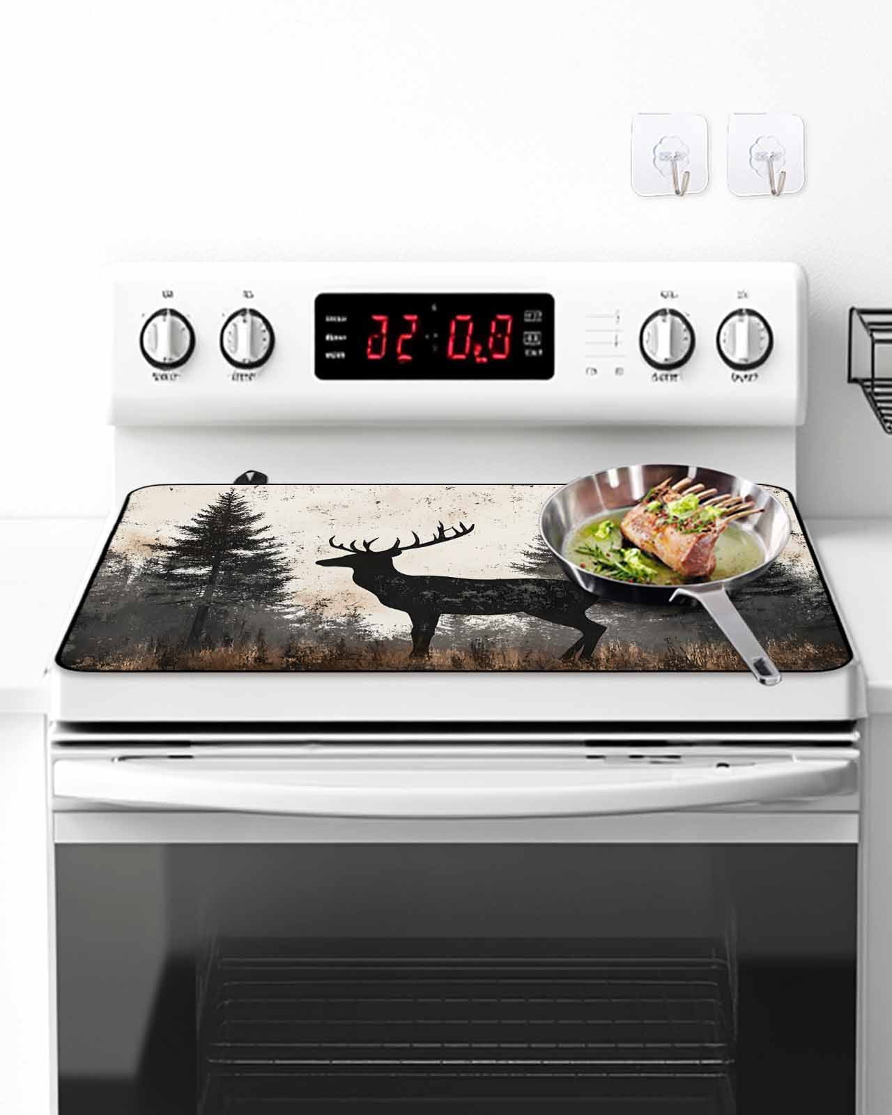 Stove Top Covers for Electric Stove, Forest Elk Glass Stovetop Cover Protector, Rustic Nature Tree Retro Deer Silhouette Induction Cooktop Protector Oven Mat for Kitchen Countertop 24"x21"