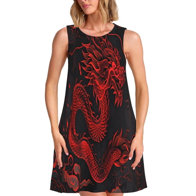 Fotbe Red Dragon On Black Vestido de Verano sin Mangas para Mujer – Vestido Midi Línea A, Estilo Camiseta Floral, Vestido Playero Casual y Fluido