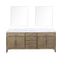 Laurel 80 in W Grey Oak Double Bath Vanity, Carrara Marble Top, and 36 in Mirrors