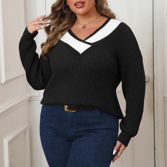 Amidoa Plus Size Sweaters for Women 2025 Long Sleeve Black V-Neck Lightweight Colorblock Sweaters Womens Sweaters XXL