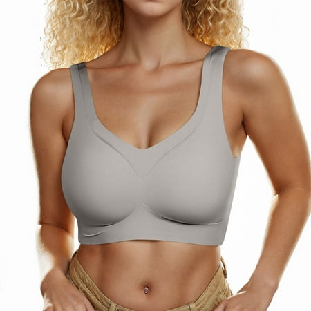 REORIAFEE Push up Bras for Women Gathered Together Wireless Bras Seamless Adjustable Straps Brassiere Comfy Wide Strap Breathable Corset Underwear Comfortable Classic Support Lingerie Gray L