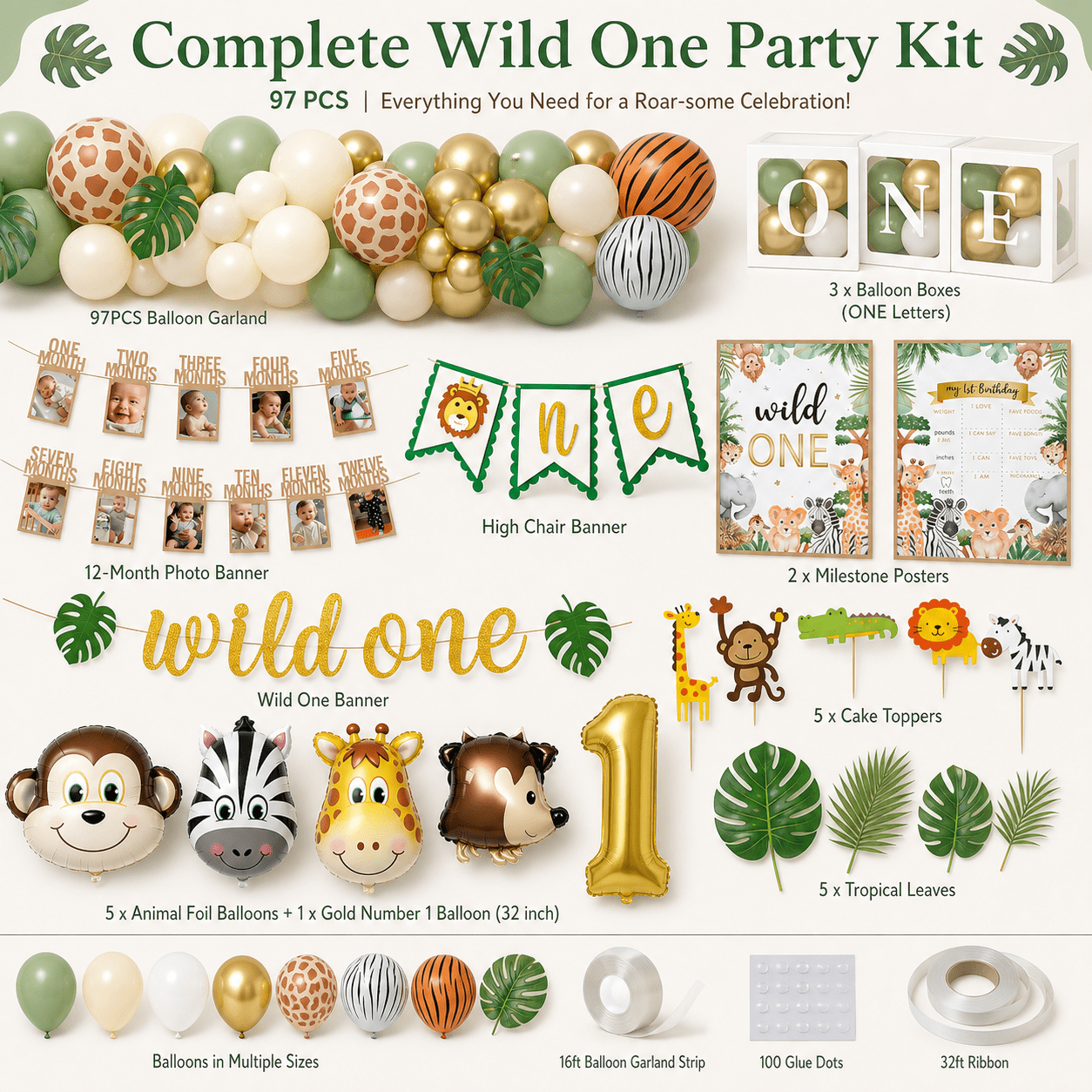Wild One Birthday Decorations, 1st Birthday Decorations for Boy or Girl, Photo Banner, Balloon Box, Balloons Garland, High Chair Banner, Jungle Theme Safari Party Backdrop for Boys & Girls