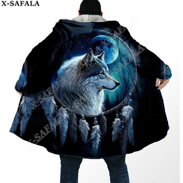 Capa gruesa y cálida con capucha para hombre, abrigo de lana a prueba de viento, con estampado 3D de Luna y Lobo, Native Dream Catcher, bata, manta, 6