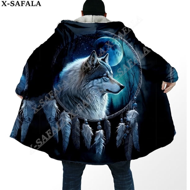 Capa gruesa y cálida con capucha para hombre, abrigo de lana a prueba de viento con estampado 3D de Luna y Lobo Native Dream Catcher, bata, manta, 5