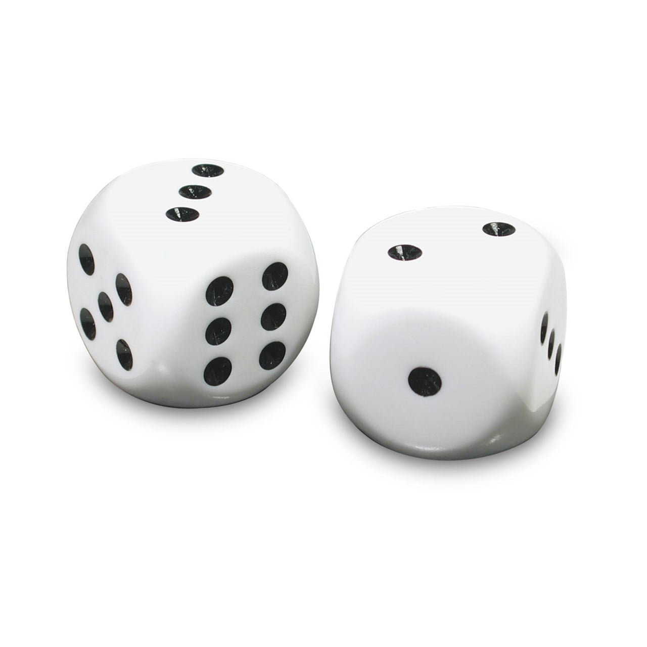 A pair of white D6 15 mm wide rolling dice with black dot results 