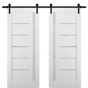 Sliding Double Barn Doors 60 x 84 with Hardware | Quadro 4088 White Silk with Frosted Opaque Glass | Top Mount 13FT Rail Sturdy Set | Kitchen Lite Wooden Solid Panel Interior Bedroom Bathroom Door