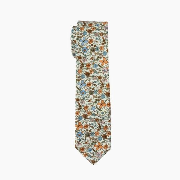Light Base Multicolor Floral Tie – Orange, Blue & Brown Blooms Design