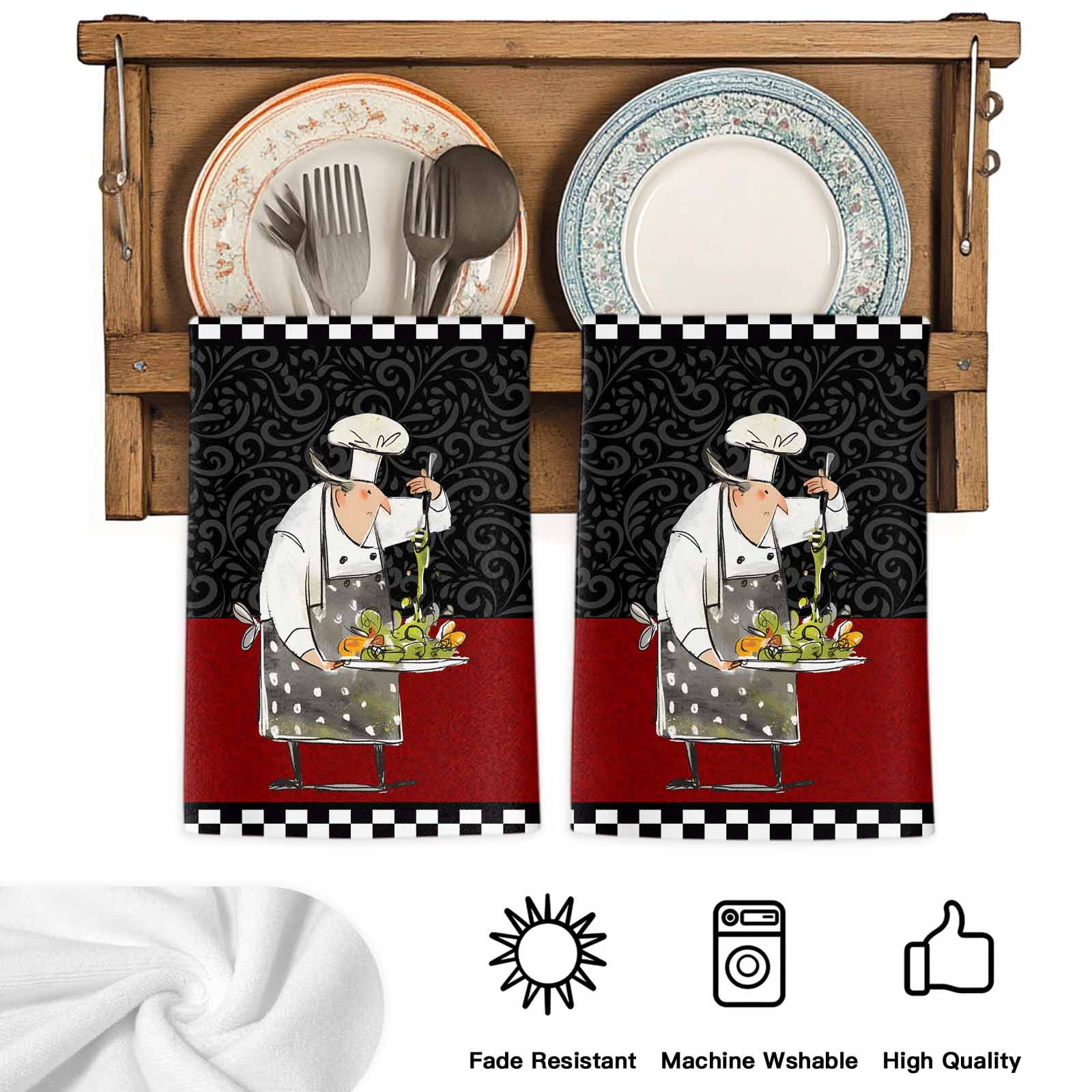 Dish Towels, Cooks Kitchens Absorbent Kitchen Towels 2 PCS, Funny Chef Black Buffalo Plaid Microfiber Hand Towels Dish Cloths Tea Towels for Home&nbsp;Bathroom Cleaning Drying,18X28-Inch,