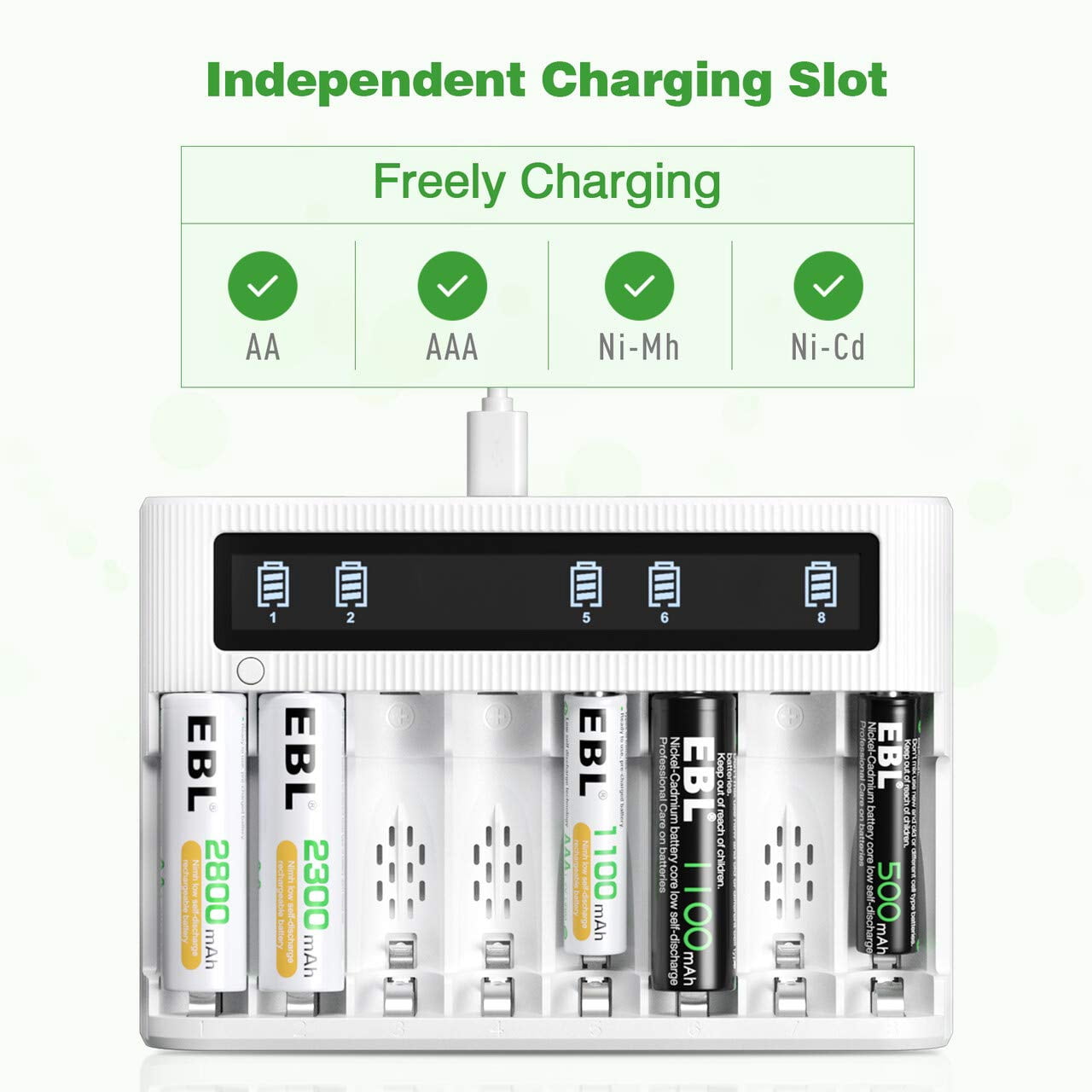 EBL Smart LCD 8 Bay AA AAA Battery Charger with 4PCS 2800mAh NiMH Rechargeable AA and 4PCS 1100mAh AAA Batteries Combo