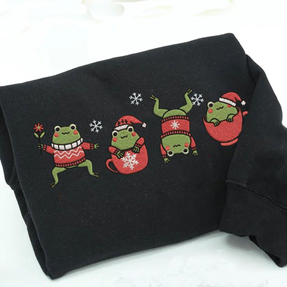 Christmas Frog Embroidered Sweatshirt, Cute Holiday Frog in Sweater Shirt, Cozy Winter Animal Gift