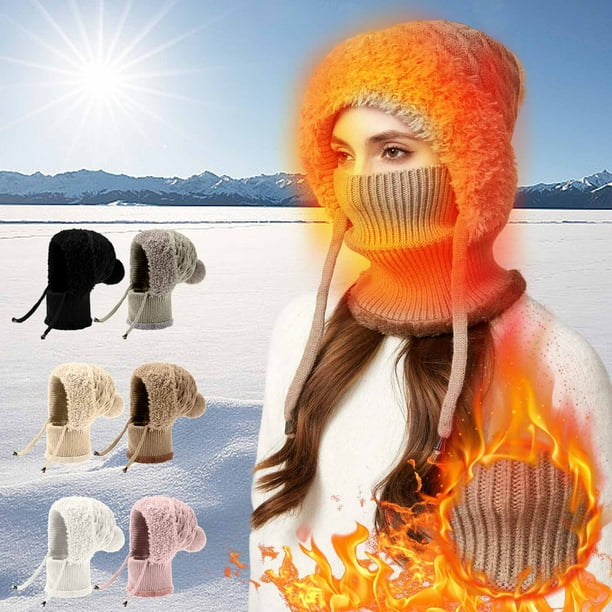 Sombrero de invierno de punto 3 en 1 para mujer | Set de mascarillas de gorro forrado de forro polar | Pasamontañas cálidas a prueba de viento | Accesorio térmico suave y grueso para el frío exterior