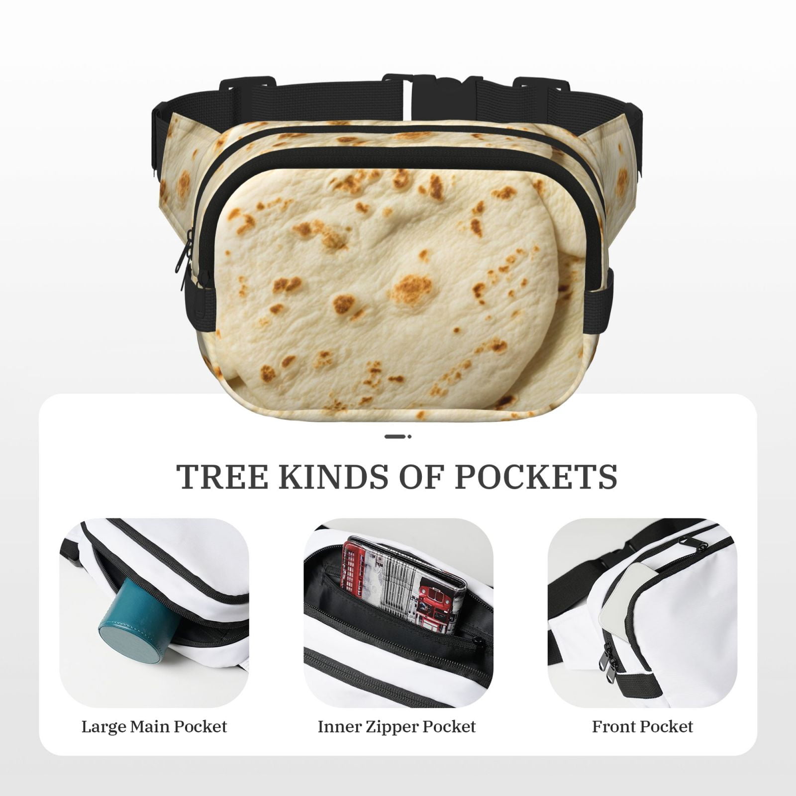 Kdxio Taco Tortillas Crossbody Double Layer Waist Bag Belt Bag for Unisex Fanny Pack Fashion Waist Packs for Hiking Running Shopping Traveling