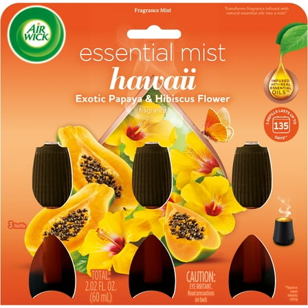 Air Wick Essential Mist Scented Oil Air Freshener Diffuser Refills, Hawaii Exotic Papaya and Hibiscus Flower, 3 Count