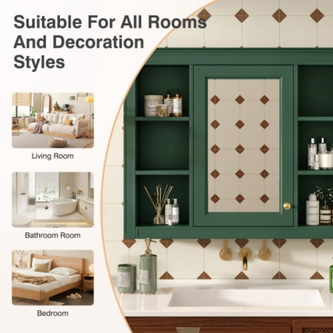 35"x 28" Wall Mounted Bathroom Medicine Cabinet with Mirror, Bathroom Storage Cabinet with 6 Open Shelves, Adjustable Shelves & Towel Bar, Green