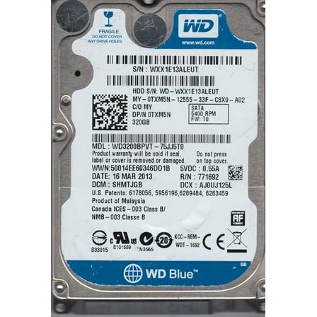 WD3200BPVT-75JJ5T0, DCM SHMTJGB, Western Digital 320GB SATA 2.5 Hard Drive