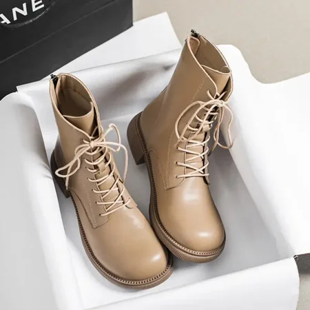 

Women‘s Ankle Combat Boots Comfortable Lace Up Backside Zipper Block Heel Faux Leather Shoes Women‘s Footwear