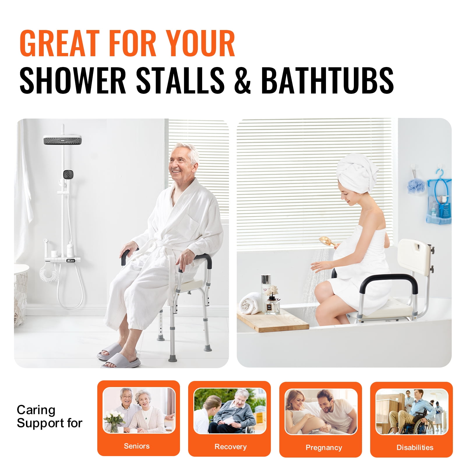 KFFKFF Shower Chair Bath Bench Seat Stool with Back Arms Adjustable Height 350lbs