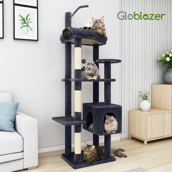 CT65F 64" Tall Cat Tree Tower for Large Cats with Sisal Posts, Condo & Hanging Toys