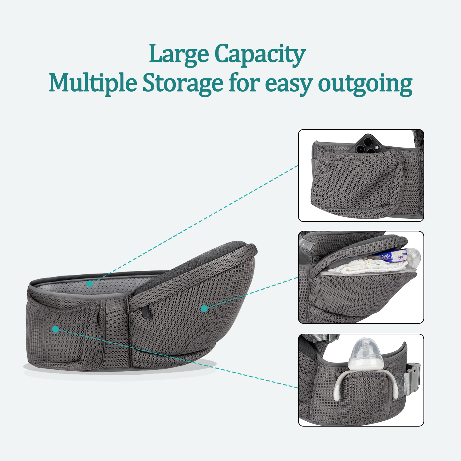 Baby Hip Carrier - Hip Carrier for Baby with Baby Safety Strap - Toddler Carrier 7-45 lbs - Ergonomic Infant Holder Baby Carrier with Hip Seat Large Capacity Pockets