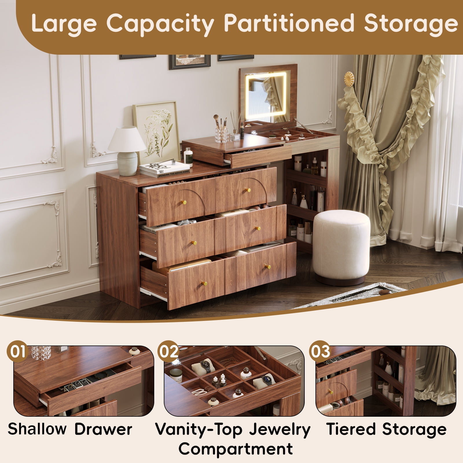 Aukfa Vanity Desk with Mirror,Flip-Top Tabletop & 7 Drawers, Corner Vanity Set, Walnut