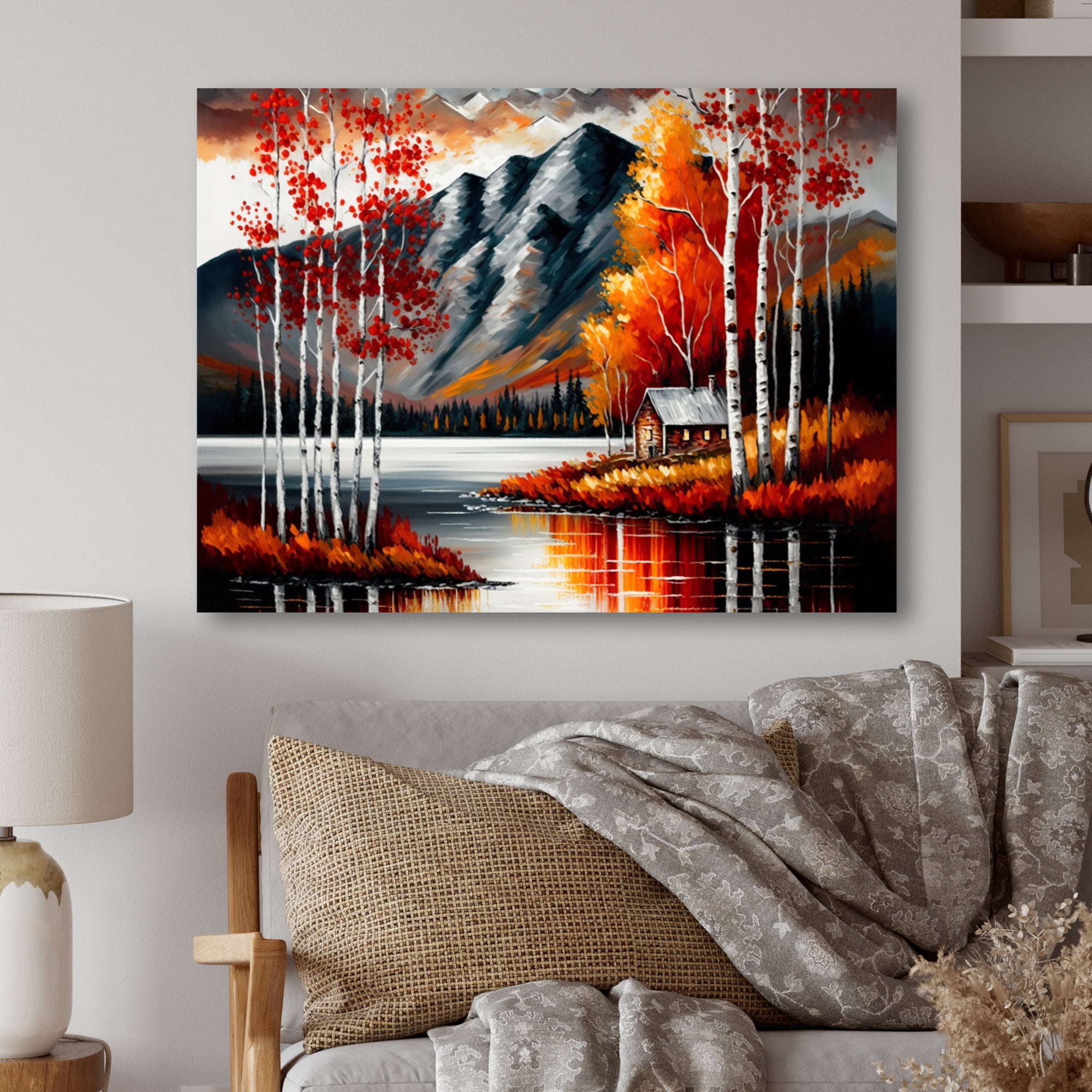 Designart Cabin By The Lake In Autumn I Canvas Wall Art