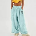 thumbnail image 2 of Huesdet Womens Casual Loose Fit Wide Leg Linen Pants Drawstring Stitching Pants Trousers with Pockets(Light Blue,L), 2 of 4
