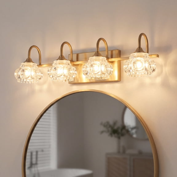 23" Modern 4-Light Gold Crystal Bathroom Vanity Light, Wall Sconce with Clear Glass Shades, Elegant Wall Mount Fixture for Mirror, Powder Room, or Bathroom (Bulbs Not Included)
