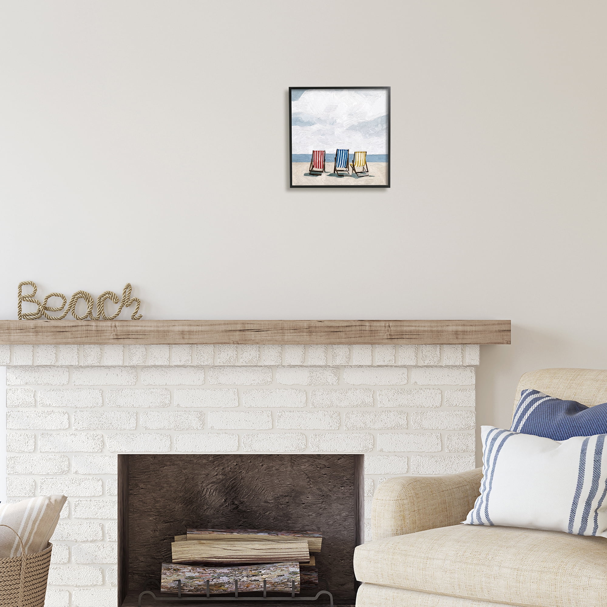 Stupell Industries Beach Chairs Coastal Cloudy Shore Coastal Painting Black Framed Art Print Wall Art