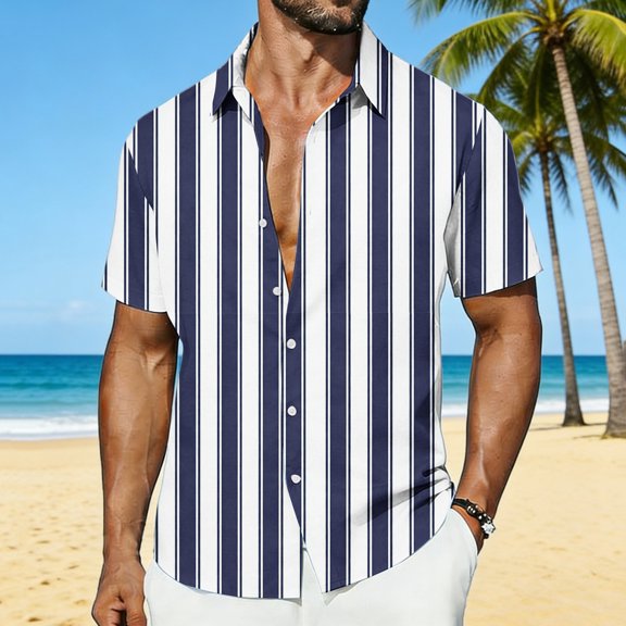 S-5X Plus Size Mens Big & Tall Shirts Short Sleeve Button-Down Collared Tshirts Shirt Casual Stripe Printed Lapel Breathable Hawaiian Beach Tees Tops