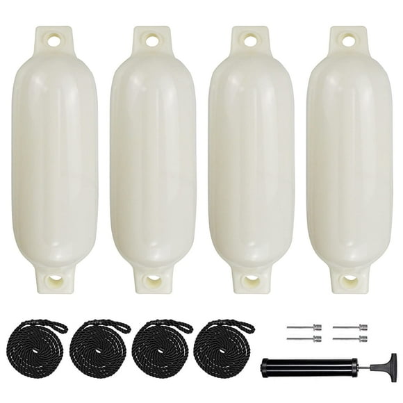 Sailortenx Boat Fenders 4 Pack 4.5x16'' Inflatable Ribbed Marine Boat Fender Lines 6.5' Needles Pump for Boat Bumpers Fender for Docking Fenders White