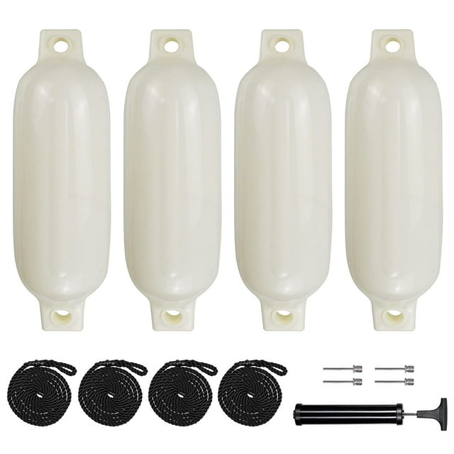 Sailortenx Boat Fenders 4 Pack 4.5x16'' Inflatable Ribbed Marine Boat Fender Lines 6.5' Needles Pump for Boat Bumpers Fender for Docking Fenders White