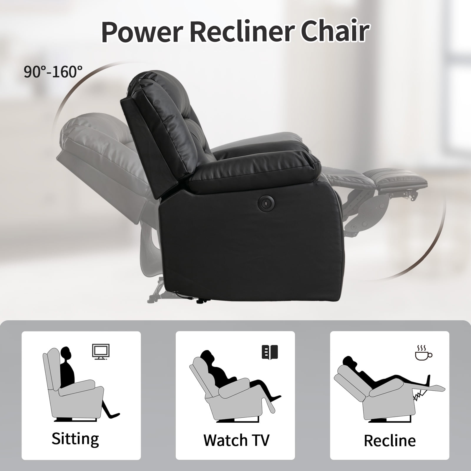 Bonzy Home Faux Leather Power Recliner Sofa Set, Electric Reclining Chair, Loveseat, and 3-Seat Sofa for Living Room, Bedroom, Office, Black