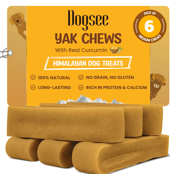 Dogsee Himalayan Yak Cheese Dog Chews with Turmeric/Curcumin (Medium - 6Chew) | Long Lasting | Anti-inflammatory | Fights Plaque and Tartar | Odorless Dog Treats