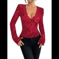 thumbnail image 2 of Blusa de Larga con Cuello Redondo y Encaje de con Bordado Floral para Mujer Rojo M, 2 of 7