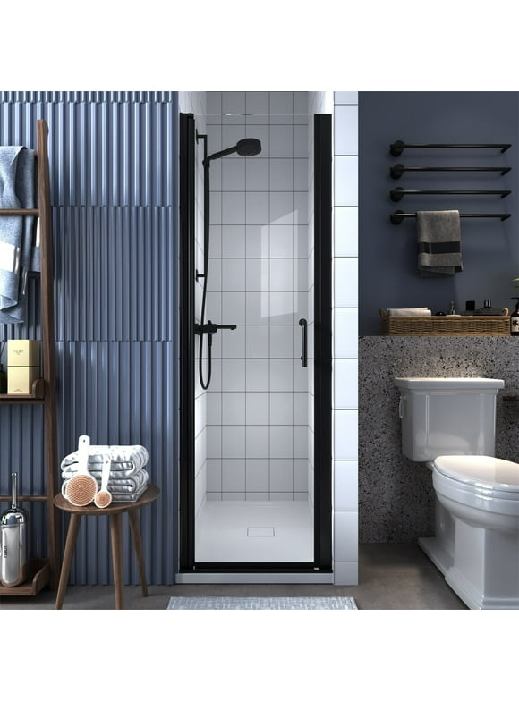 Classy 24-25.5" W x 72" H Small Shower Door Hinged Pivot Black Install Clear Glass Shower Door