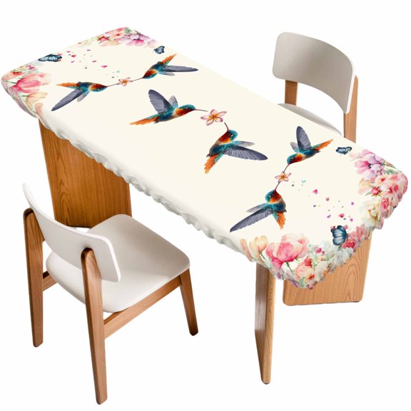 Pink Flower Table Cloths for 8 Foot Rectangle Tables, Spring Floral Butterflies Birds Elegant Farmhouse Patio Waterproof Elastic Fitted Tablecloths, Washable Rectangular Table Cover for Camping