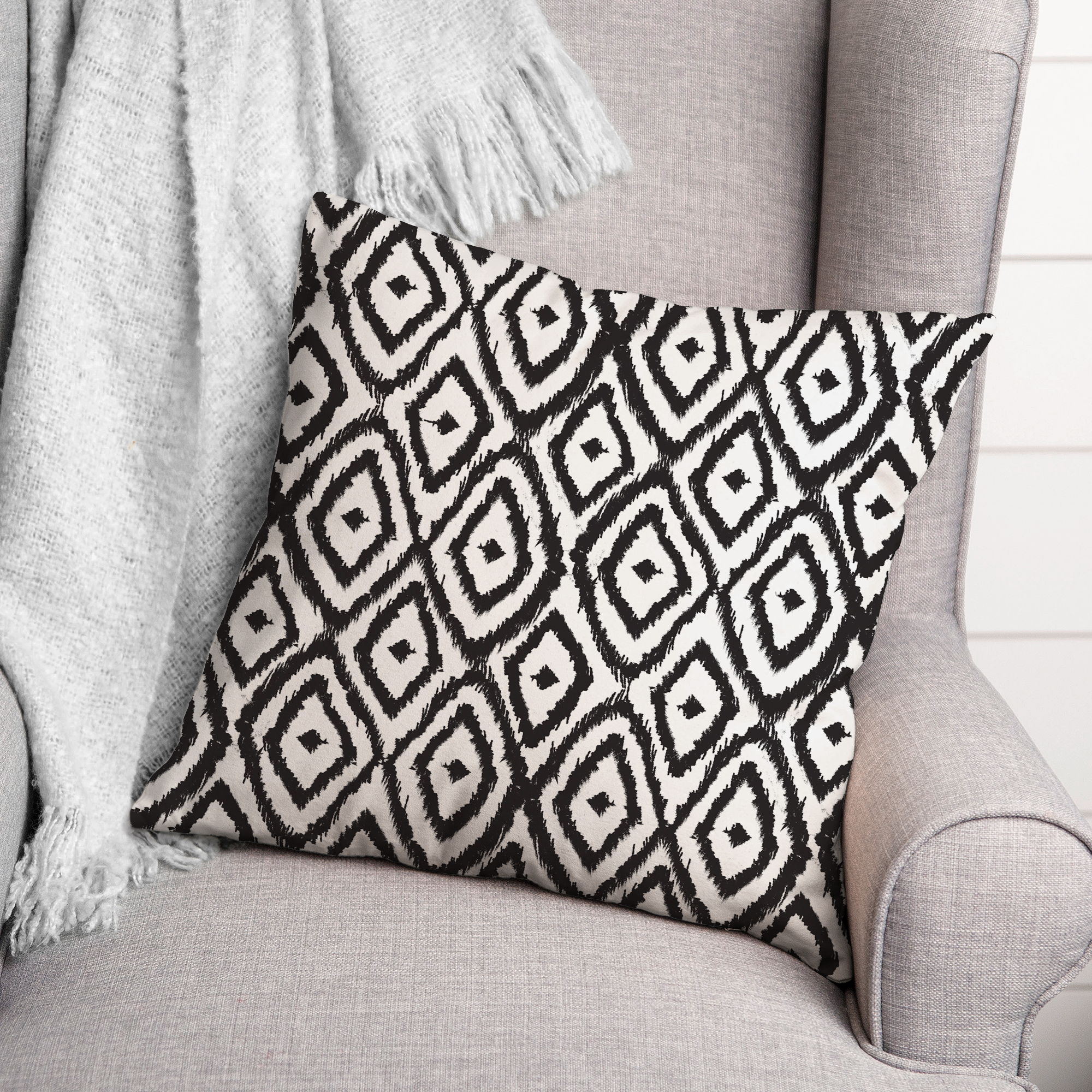 Creative Products Black and White Ikat Diamonds 18 x 18 Spun Poly Pillow