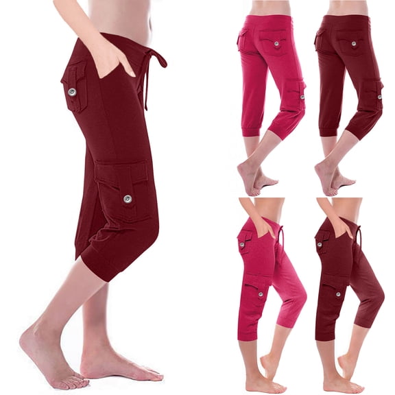 BVOFAR Capri Cargo Pants for Women Stretch Elastic Waist Drawstring Hiking Pant Lightweight Ladies Workout Capris Wine XL