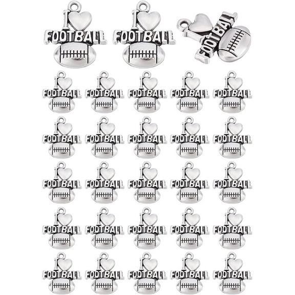 60Pcs Football Charms Tibetan Sports Pendants Alloy I Love Football Dangle Charms Antique Silver Necklace Crafting Sport Charms for Jewelry Making Charms Bracelets Findings Silver