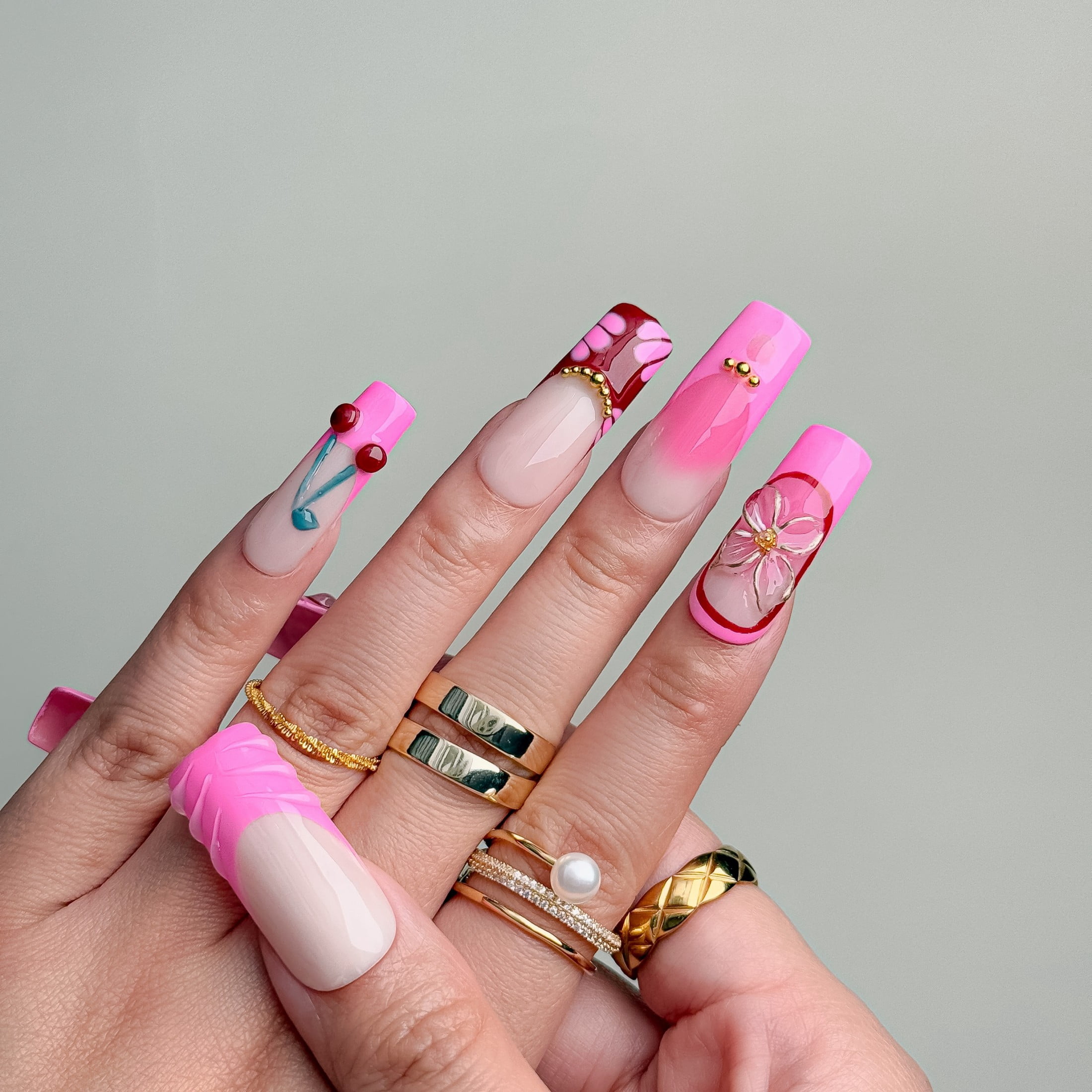 Nailfairy Handmade Press-On Nails | Square Shape Sparkling Galaxy Pink Gradient Design, Reusable with Free Application Kit Included—Medium