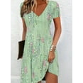 thumbnail image 2 of Women's Vibrant Tropical Leaf & Floral Print V-Neck Dress - Lightweight, Breathable Fabric for Comfortable All-Day Wear - Ideal for Vacation, Machine Washable,XXL,Yellow-green, 2 of 6