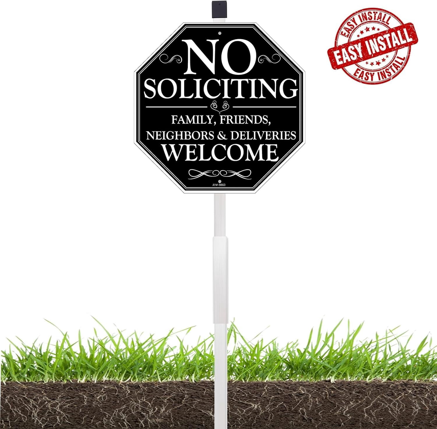 No Soliciting Sign for House, 10" x 28" No Solicitors Sign with Stake - Home Yard Decor, Metal Aluminum, Easy Install (No Soliciting, Friends Welcome)