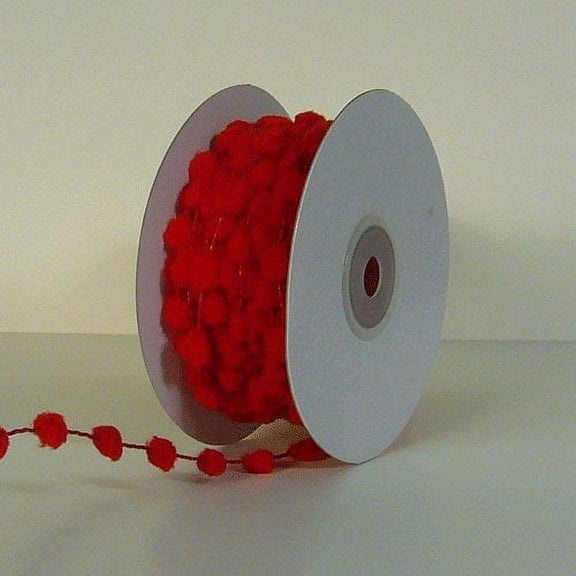 25 Yards Fuzzy Pom Pom Wired Trim Ribbon Lace - Red