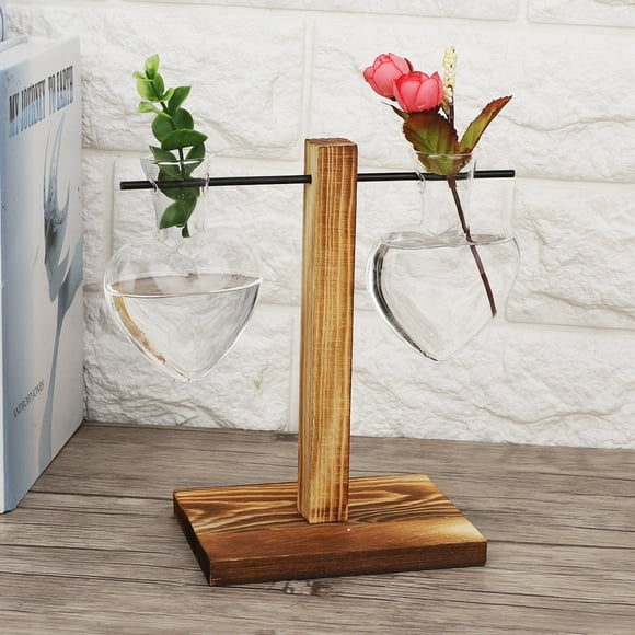 ZPSHYD Station de Propagation des Plantes, Vase en Verre pour Terrarium de Plantes avec Support en Bois en Forme de Boule de Coeur Contenant de Plantes hydroponiques décor de Bureau de Table